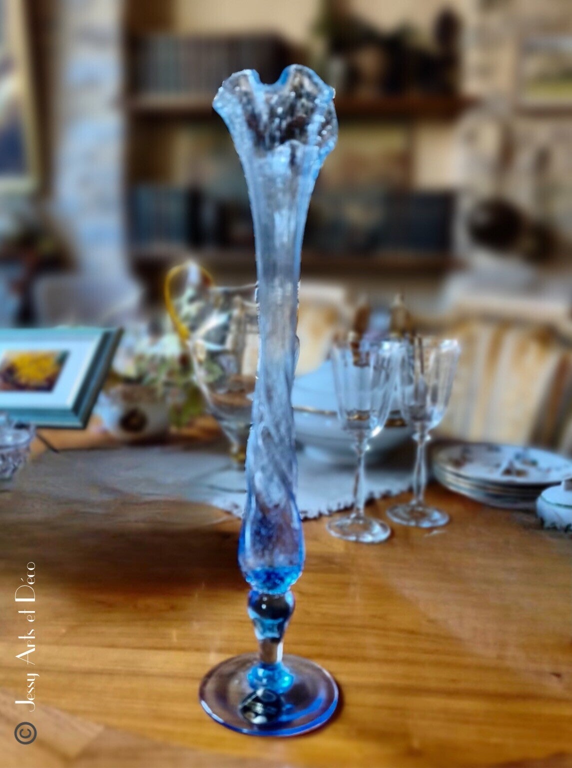 🪻Grand vase en verre bleu bullé – Verrerie d’art de Montauroux – 41 cm