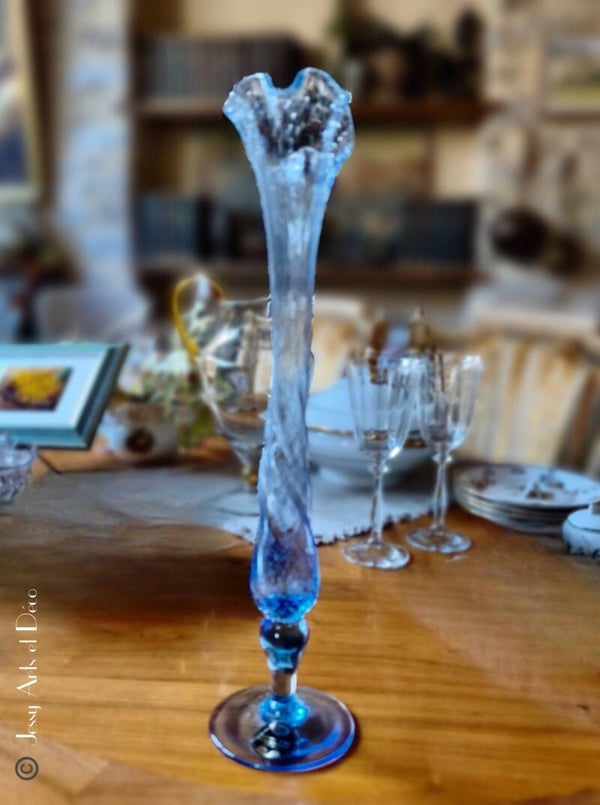🪻Grand vase en verre bleu bullé – Verrerie d’art de Montauroux – 41 cm
