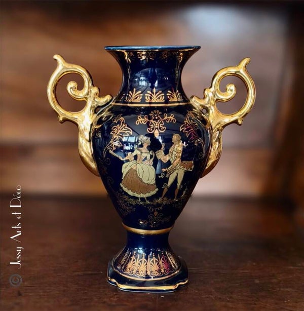 🏺Vase amphore bleu cobalt et doré – Décor « Tyrol »