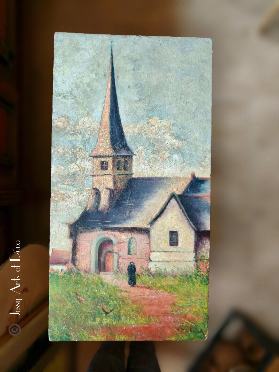 🕍 Tableau signé sur panneau – Église de village – 40 × 21 cm