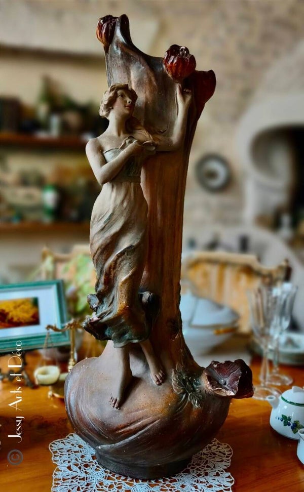⚱️ Grand vase sculptural Art nouveau – Signature La Monaca – H. 62 cm