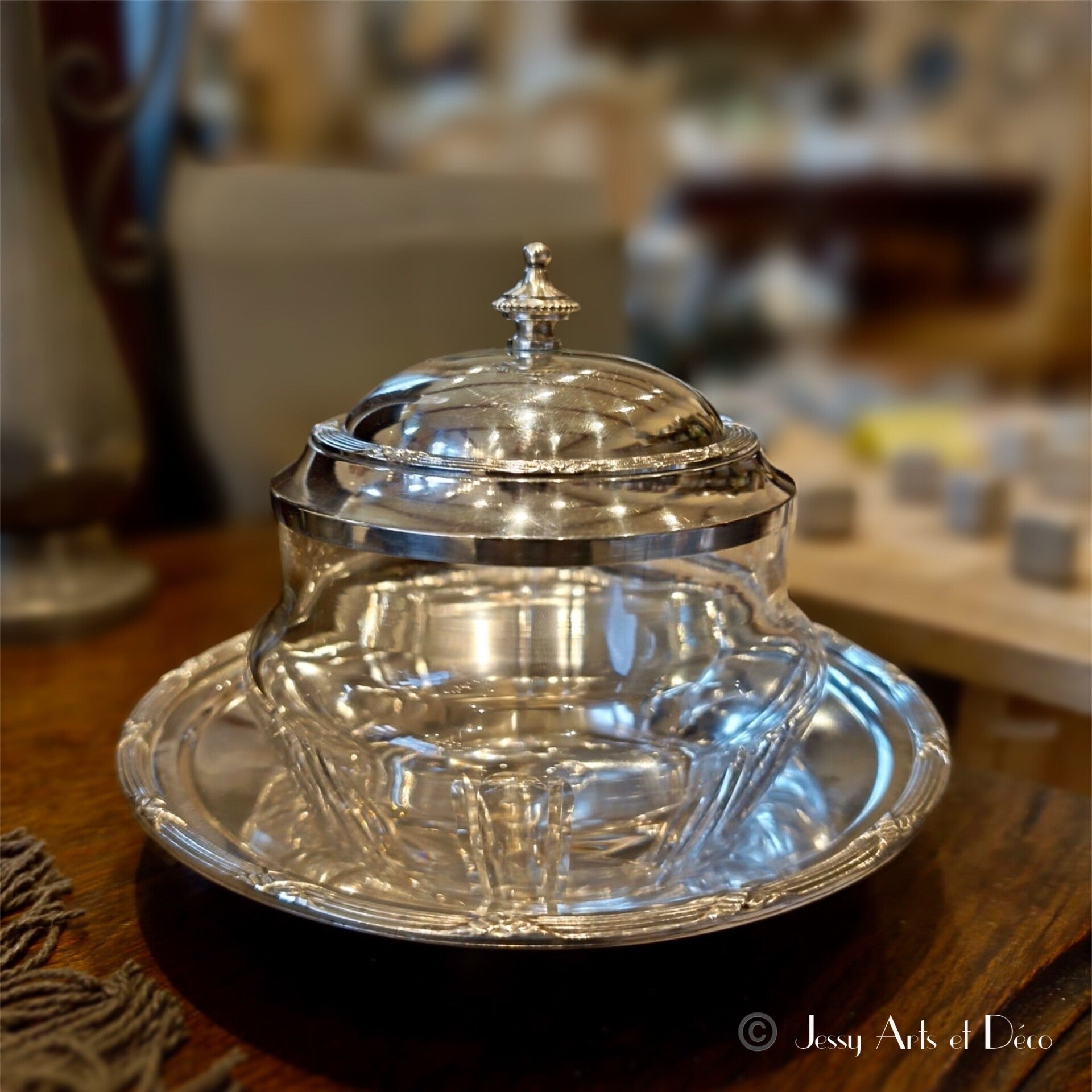 🫙Confiturier / sucrier en verre à côtes et métal argenté avec soucoupe