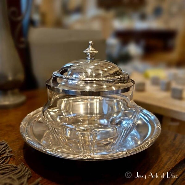 🫙Confiturier / sucrier en verre à côtes et métal argenté avec soucoupe
