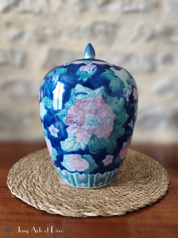 ⚱️Pot à gingembre couvert en porcelaine de Chine – Décor Pivoines