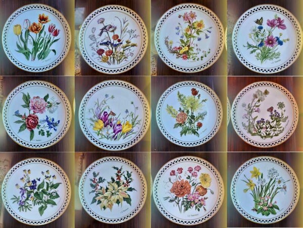 🌼🌿🌸Collection complète 12 assiettes calendrier "Country Garden" – Porcelaine Bing & Grøndahl (Danemark), Linda Thompson