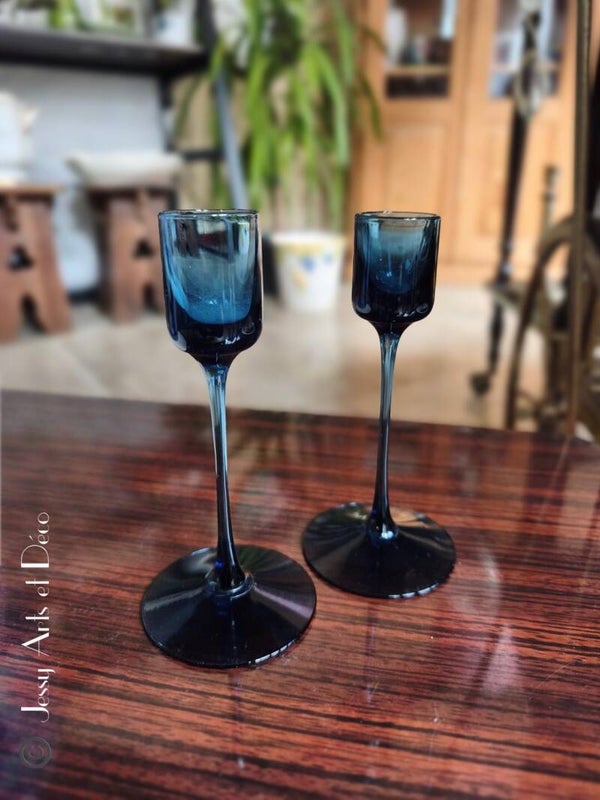 🕯️Paire Bougeoirs Vintage WEDGWOOD ENGLAND Glass Sandringham Bleu R. Stennett-Willson