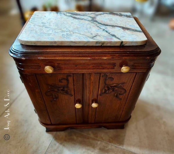 Petit meuble Art Déco en chêne avec plateau en marbre – Années 1930