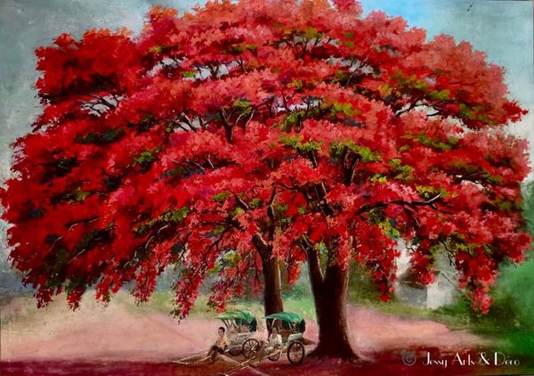 Tableau "Pousse-pousse sous les flamboyants" – Huile sur toile – Madagascar