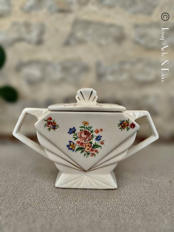 Charmant sucrier Art Déco en faïence – décor floral