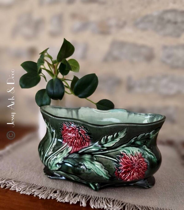 Ancienne Jardinière Barbotine Art Nouveau - Louis Gueule Vierzon (Elgé) - Chardons