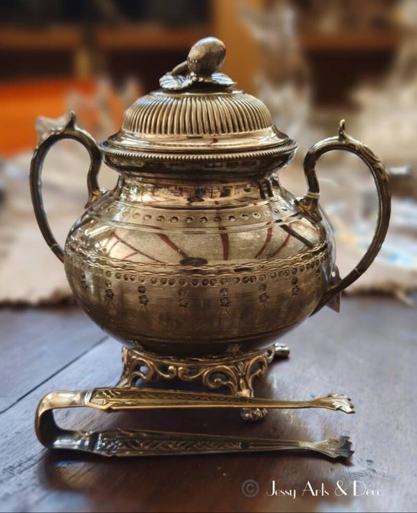 Ancien sucrier couvert en métal argenté avec pince – Style Art nouveau