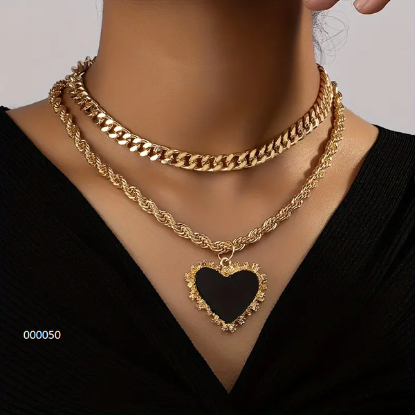 Collier élégant multicouche double Cœur en Acier Inoxydable