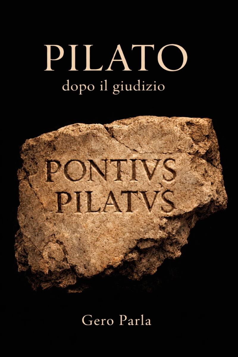 Copertina del libro "Pilato. Dopo il giudizio" di Gero Parla – la piedra de Cesarea con la inscripción Pontius Pilatus