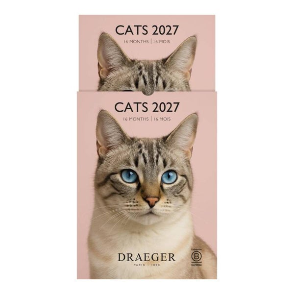 CALENDARIO 2027. 16 MESES (SEPTIEMBRE-DICIEMBRE). MES VISTA POR PÁGINA CON MOTIVOS DE GATOS DRAEGER
