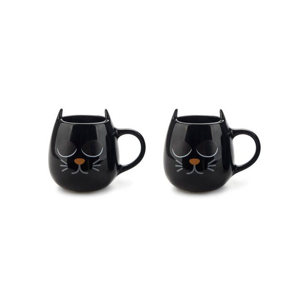 SET TAZAS CAFÉ WAKE CAT X2 NEGRO CERÁMICA GATO