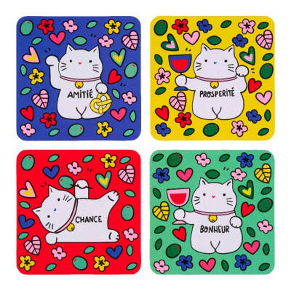 POSAVASOS (JUEGO DE 4) GATO FELICIDAD/DESSOUS DE VERRE (SET DE 4) CHAT BONHEUR
