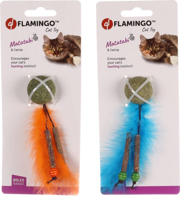 FLAMINGO JUGUETE PARA GATO BOLA DE HIERBA GATERA CON PLUMAS