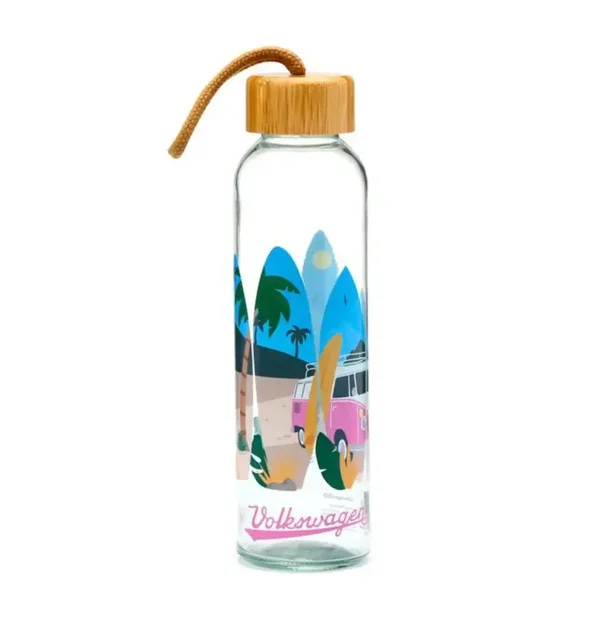 BOTELLA DE CRISTAL CON TAPÓN DE BAMBÚ CARAVANA VOLKSWAGEN VW T1 CAMPER OLAS