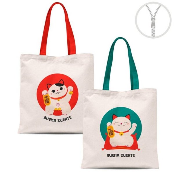 BOLSA ALGODON CON CREMALLERA MANEKI NEKO GATO DE LA SUERTE