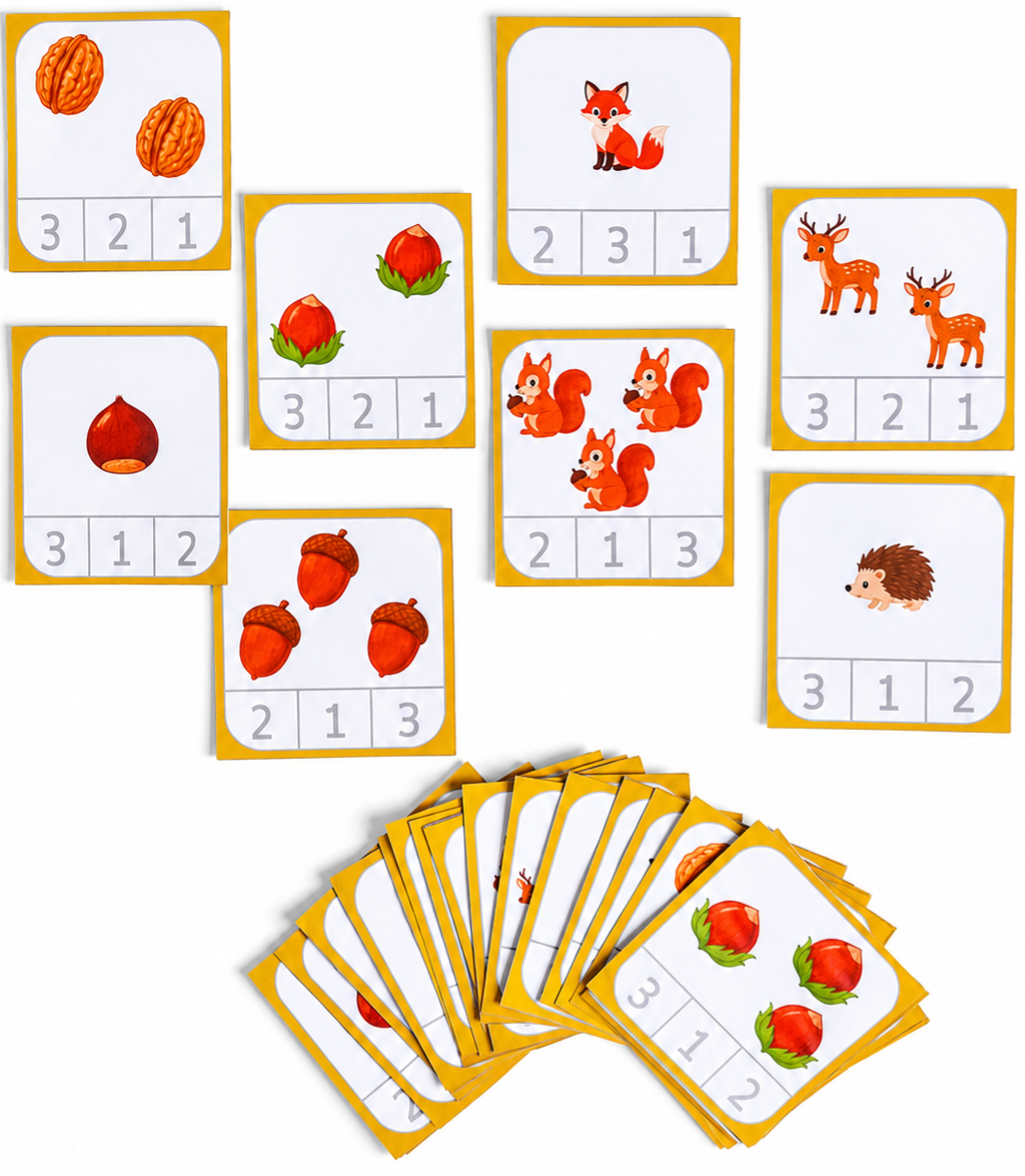 Cartes à pinces des fruits et animaux d'automne 1 à 3