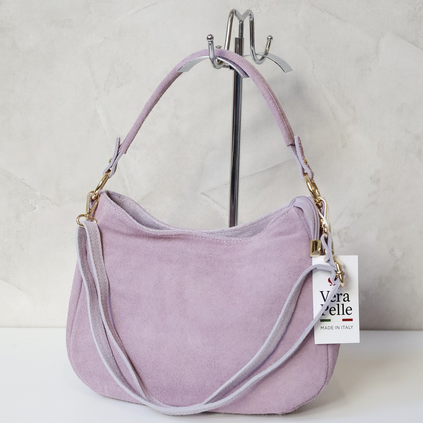 Vera Pelle lila suède tas – schoudertas met extra riem