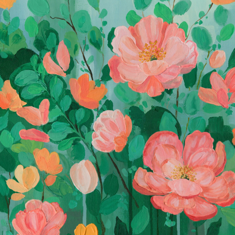 Acrylschilderij met zonnehoed, boterbloemen, een bij en lupines