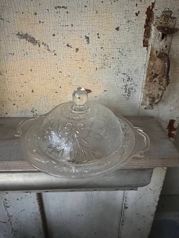Depression glass round butter dish