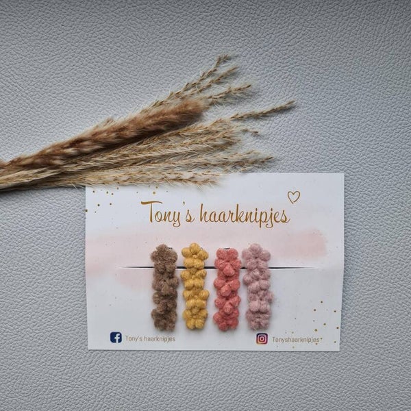 Alligatorclip met wol bloemen bruin/okergeel/roze/lichtroze