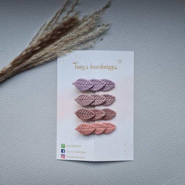 Alligatorclip met wol leafs lila/roze-paars/oudroze/roze