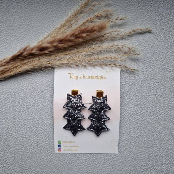 Alligatorclip met glittersterren antraciet