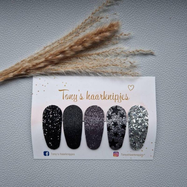 Handgemaakte klikklakspeldjes glitter zwart/zilver