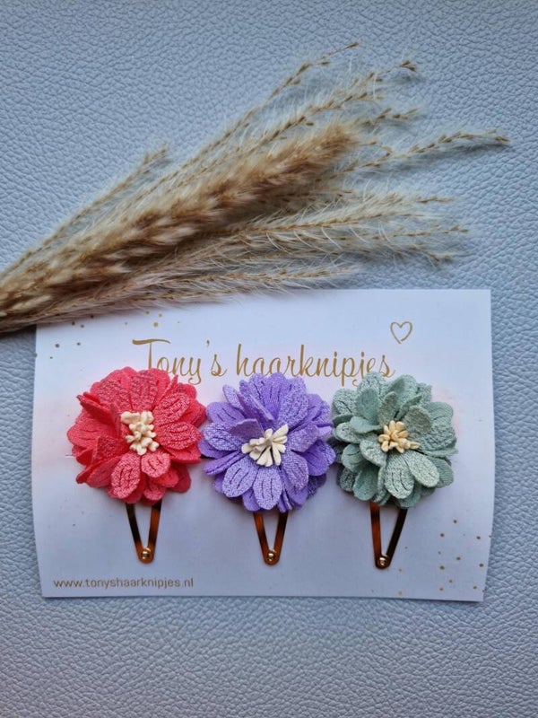 Klikklakspeldjes 5cm met bloemen koraalroze/lila/groen