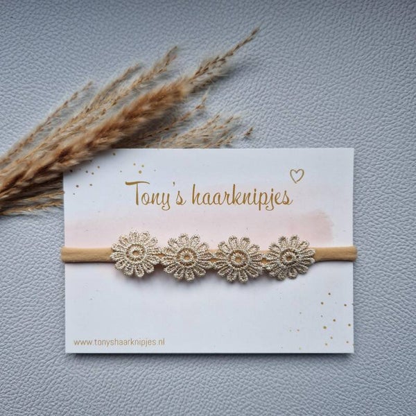 Nylon haarbandje met 4 gouddraad bloemen (vorm 2)