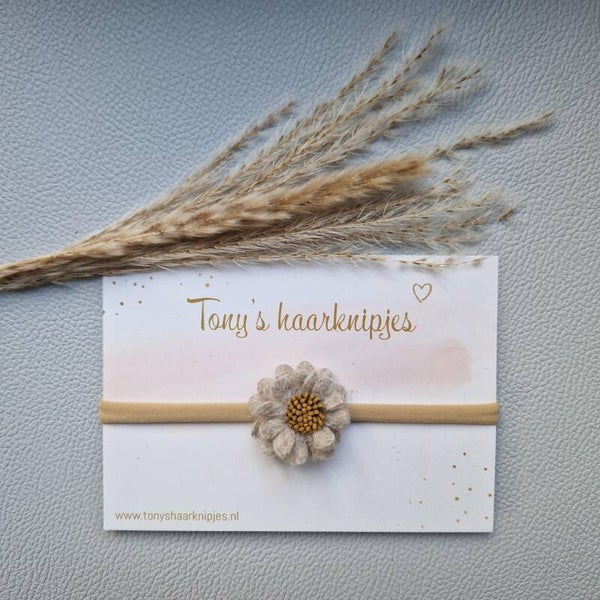 Nylon haarbandje met vilten bloem beige