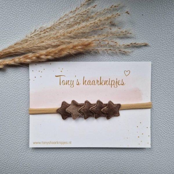 Nude nylon haarbandje met fluffy sterren donkerbruin
