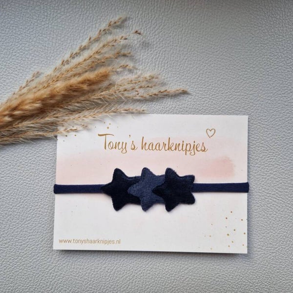 Donkerblauw nylon haarbandje met fluffy sterren groot donkerblauw