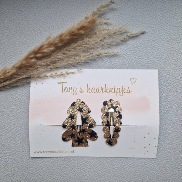 Kerstboom met klikklakspeldje goud glitter met ster