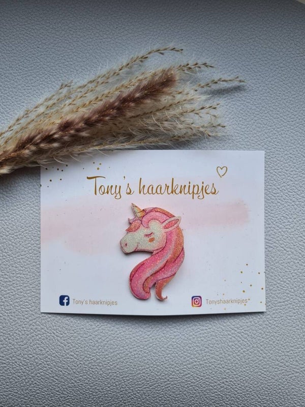 Unicorn roze/oranje op een alligatorclip van 3,5cm