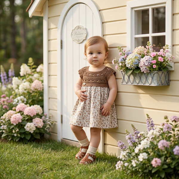 Robe Bébé Fleurie avec Empiècement Crochet brun chocolat