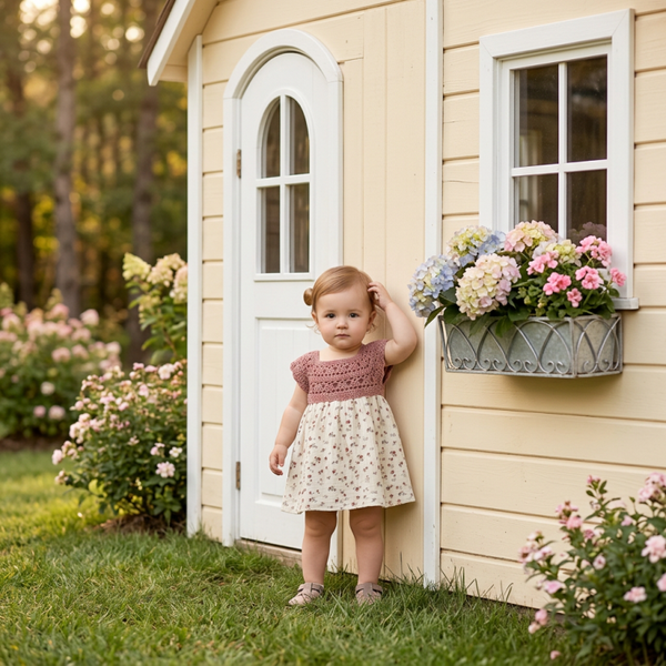 Robe Bébé Fleurie avec Empiècement Crochet vieux rose