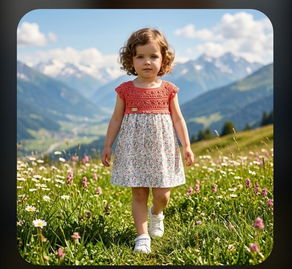 Robe Bébé Fleurie avec Empiècement Crochet corail