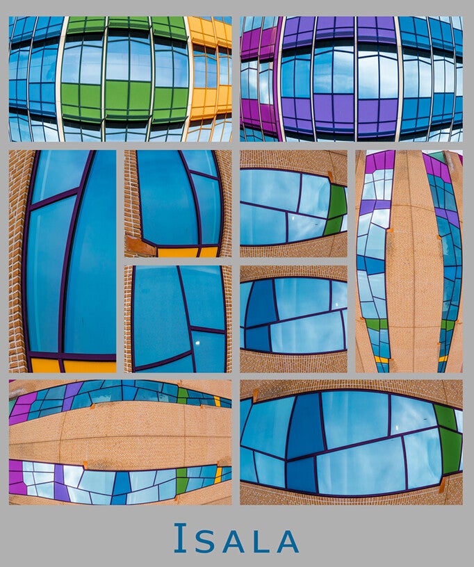 Gevel- en glaspartijen van het Isala-gebouw in Zwolle. Vervormingen en herschikking maakten de impressie meer kernachtig.