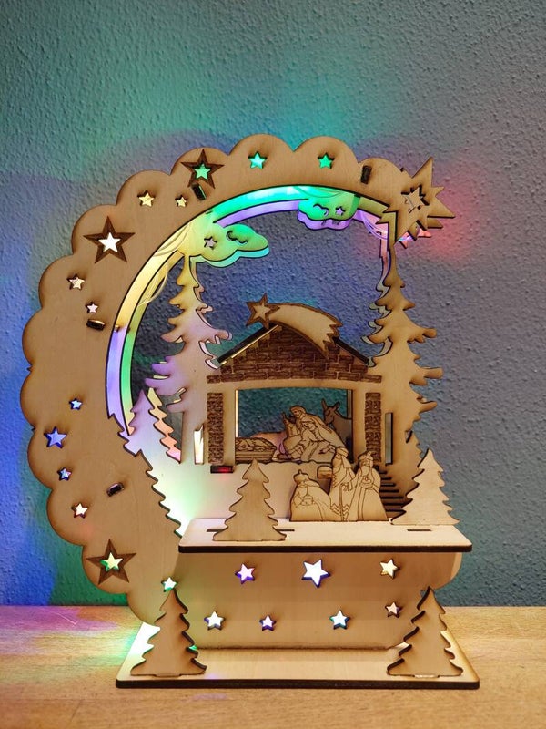 Houten kerststal met verlichting