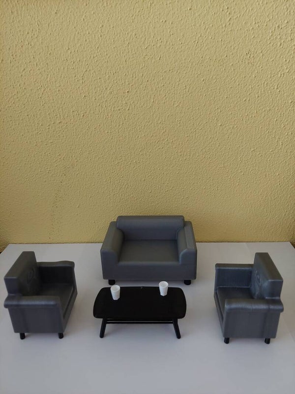 Bank met 2 fauteuils en salontafel 1:12