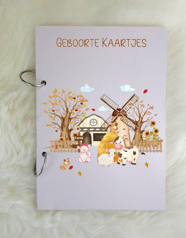 Houten Bewaarbundel geboorte kaartjes  Farm animals