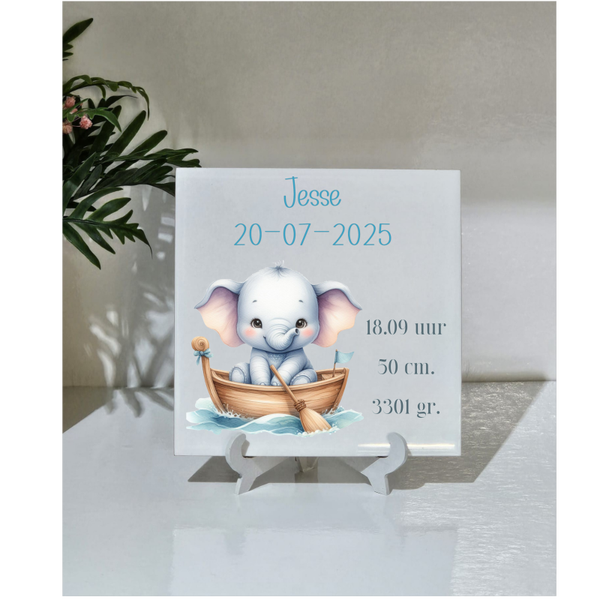🍼 Gepersonaliseerde Geboortetegel Elephant in boat