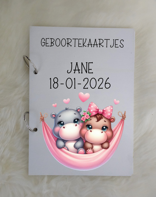 Houten Bewaarbundel geboorte kaartjes Hippo's
