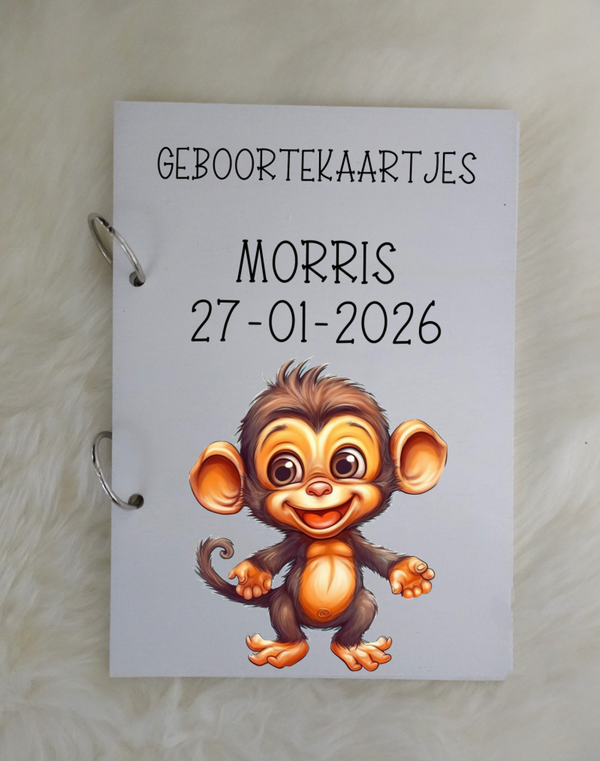 Houten Bewaarbundel geboorte kaartjes Lachend Aapje