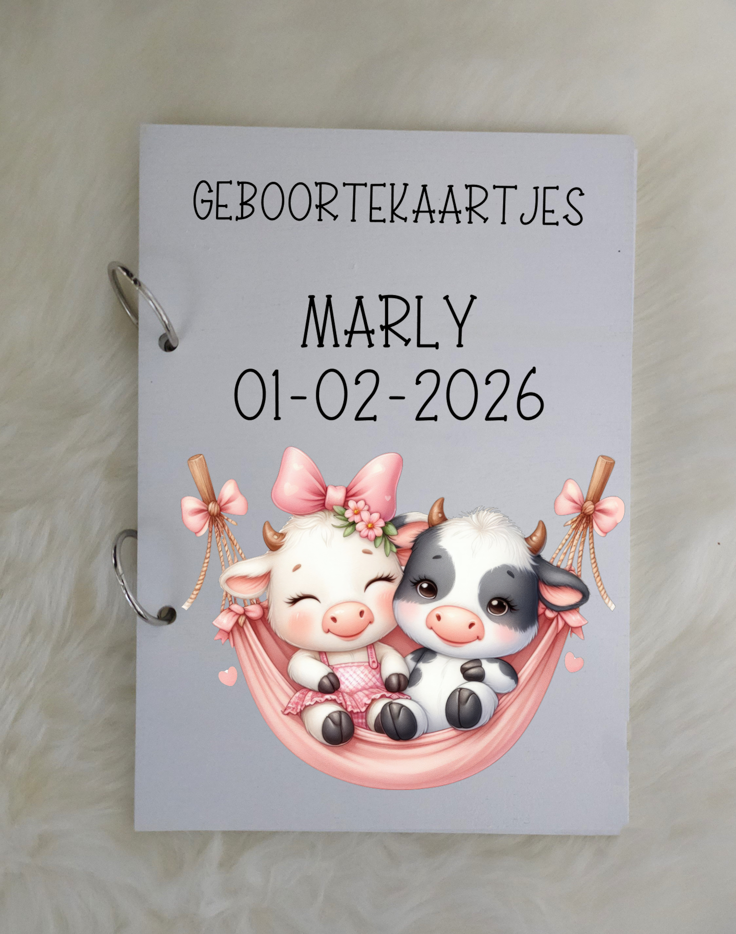 Houten Bewaarbundel geboorte kaartjes Farm Animal -cow-piggie
