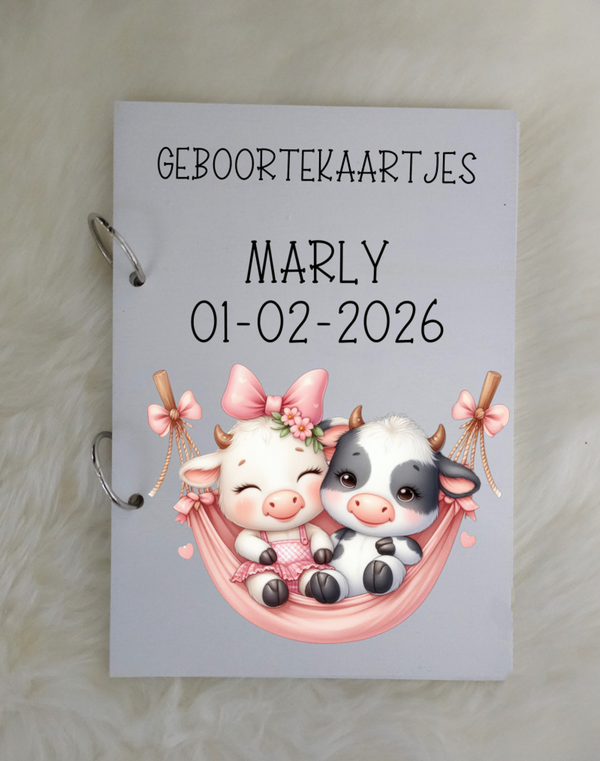 Houten Bewaarbundel geboorte kaartjes Farm Animal -cow-piggie